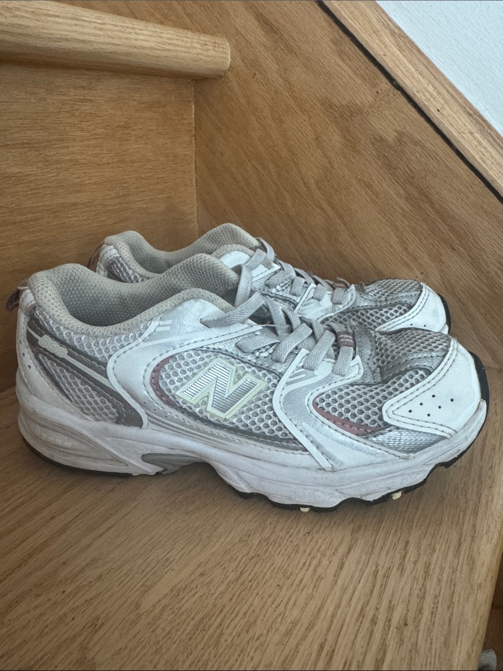 New Balance Kids White and Gray Mesh Sneakers with Pink Accents